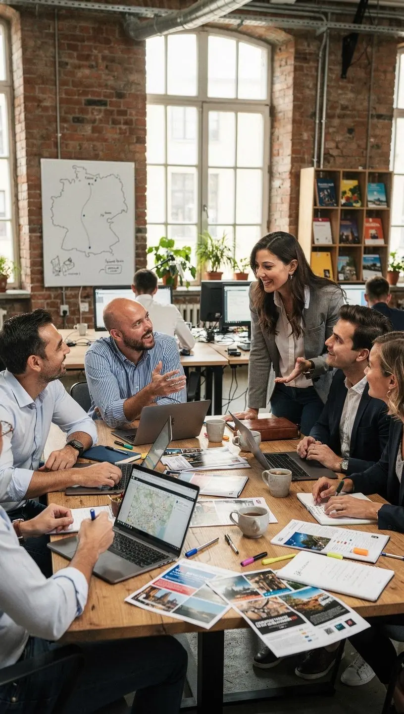 Reisende überprüfen ihren Reiseplan mit gebündelten Tickets und Unterkunftsdetails für ein Festival in Deutschland.