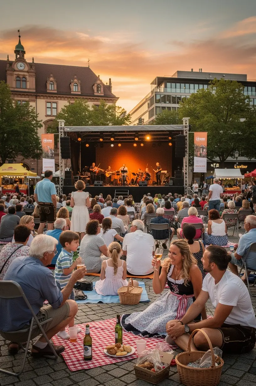 Eine Gruppe von Besuchern betritt ein historisches Festivalgelände in einer deutschen Stadt.